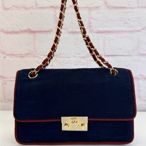 Chanel Jersey Blue Red Flap Classic Bag